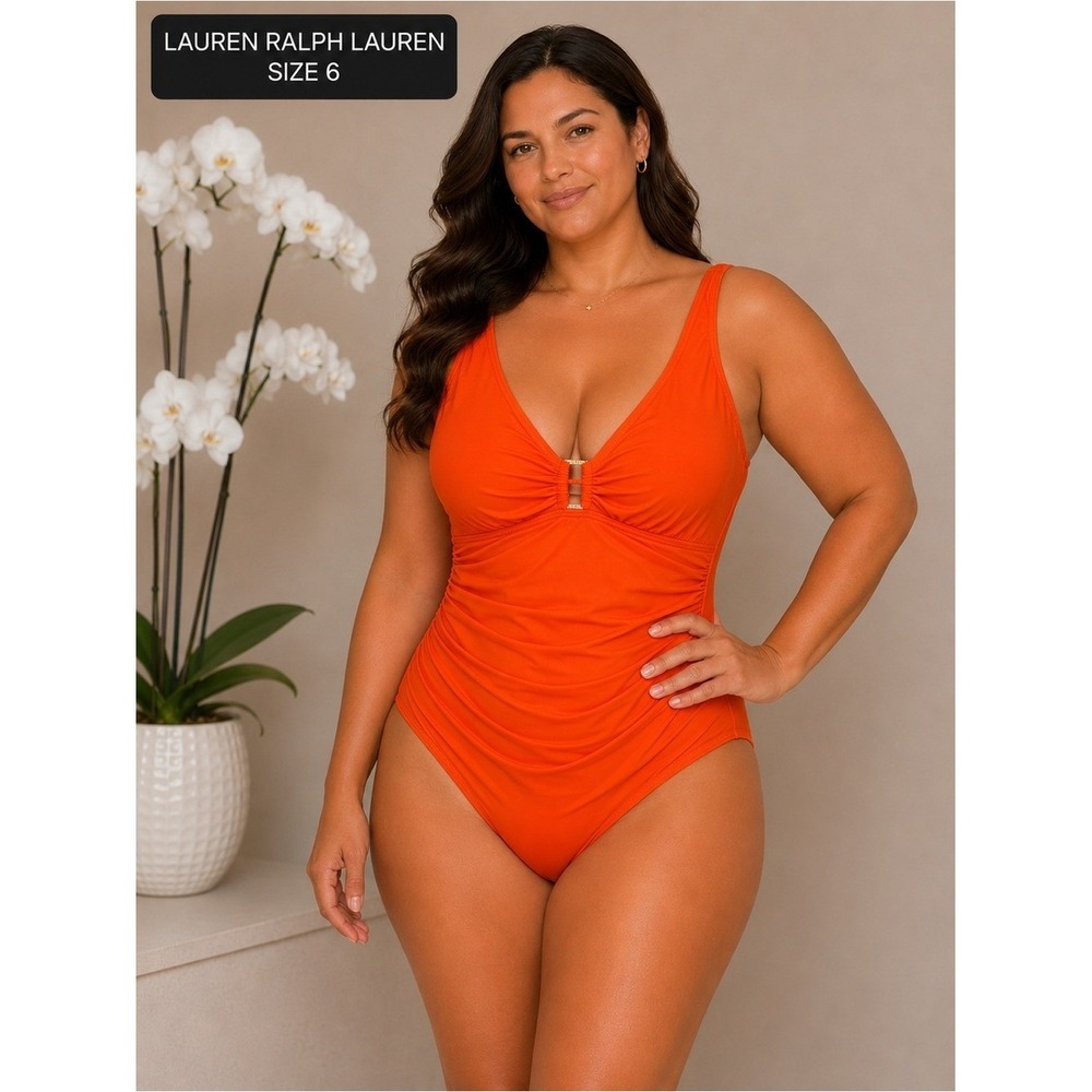 Ralph Lauren Bright Orange Ruched One-Piece‎ Swimsuit Size 6 NEW